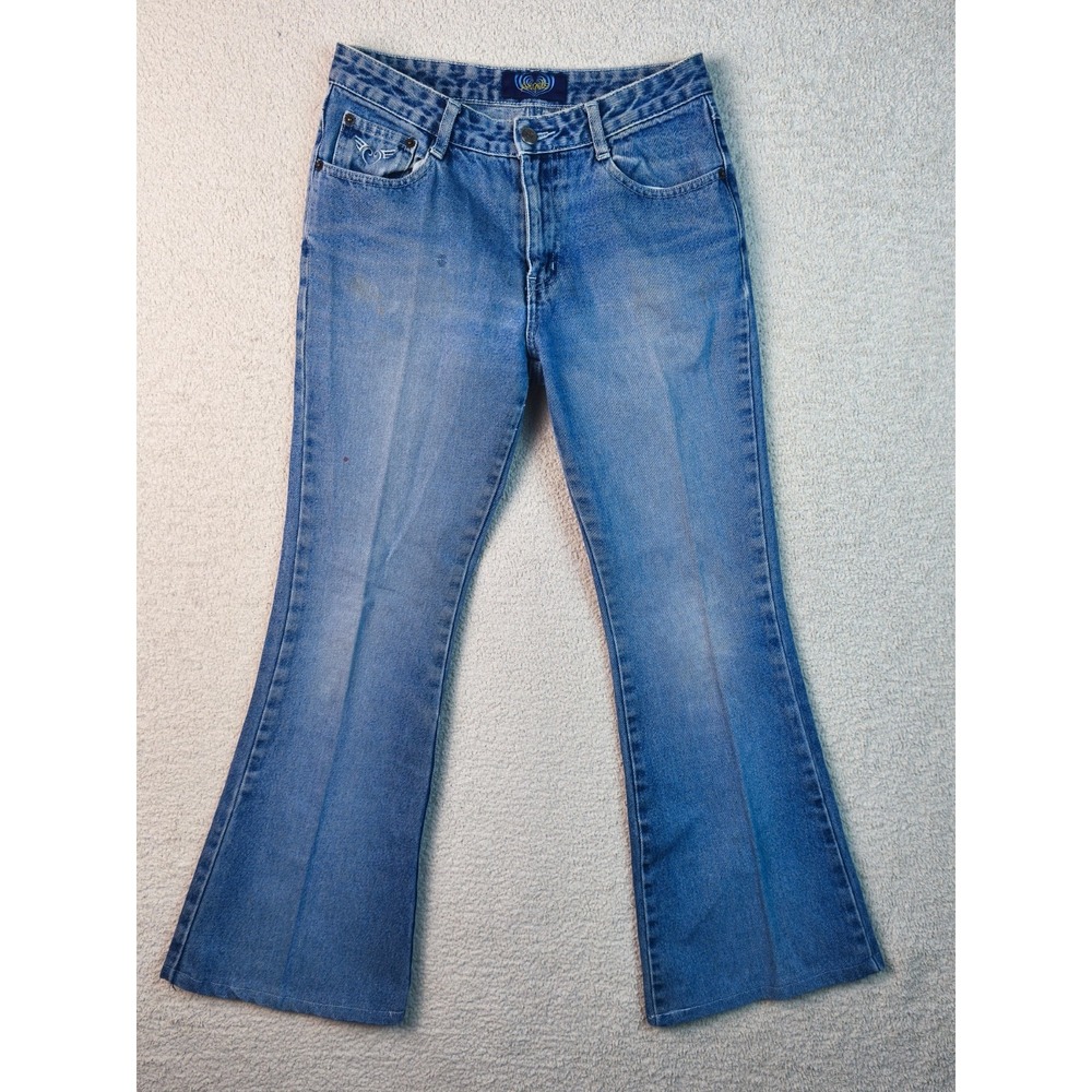 Angels Jeans Womens Low Rise Bootcut Flare Light Wash Embroidered
